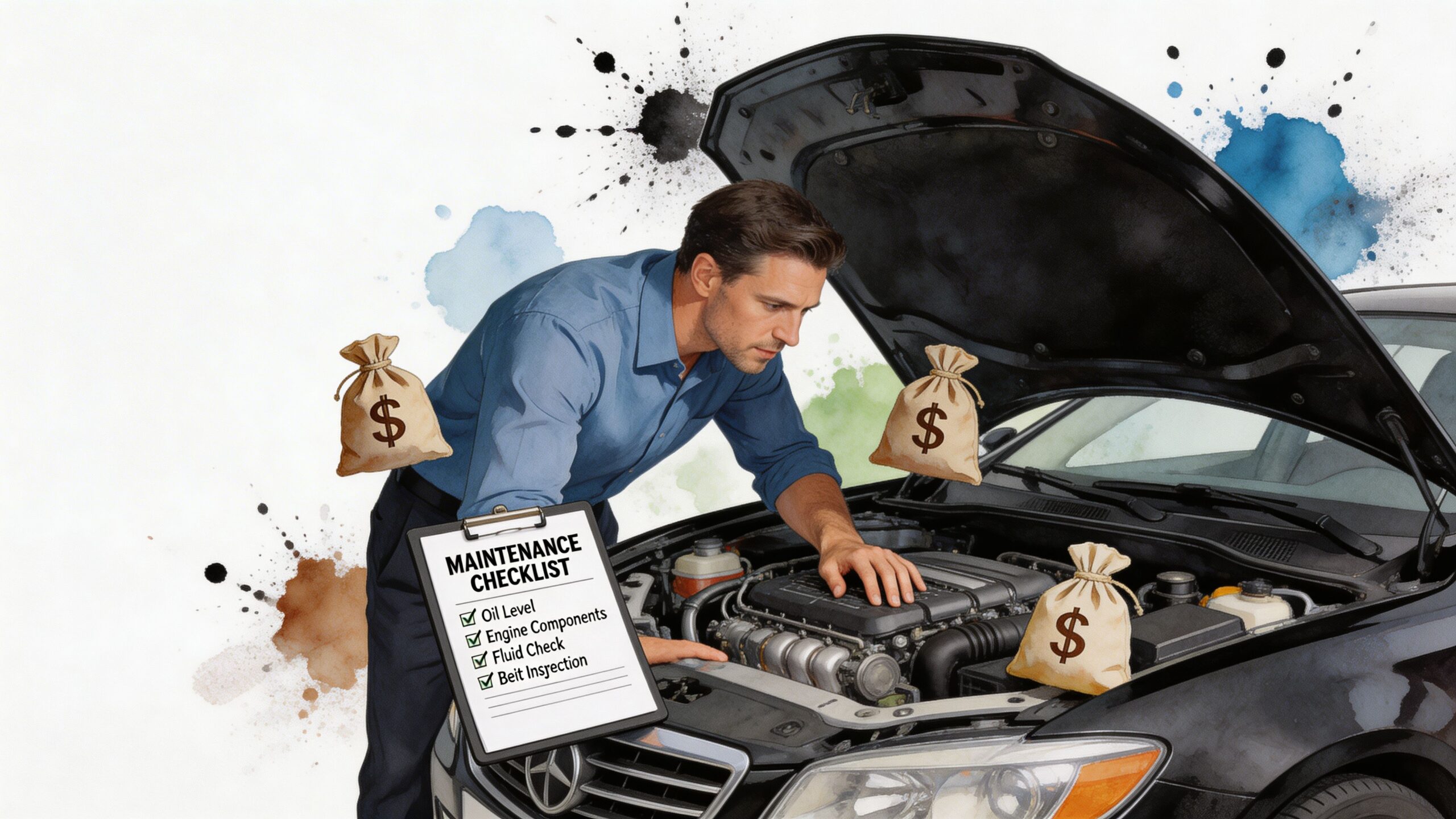 A professional mechanic examining a car engine with money bags floating nearby representing car maintenance repair costs.