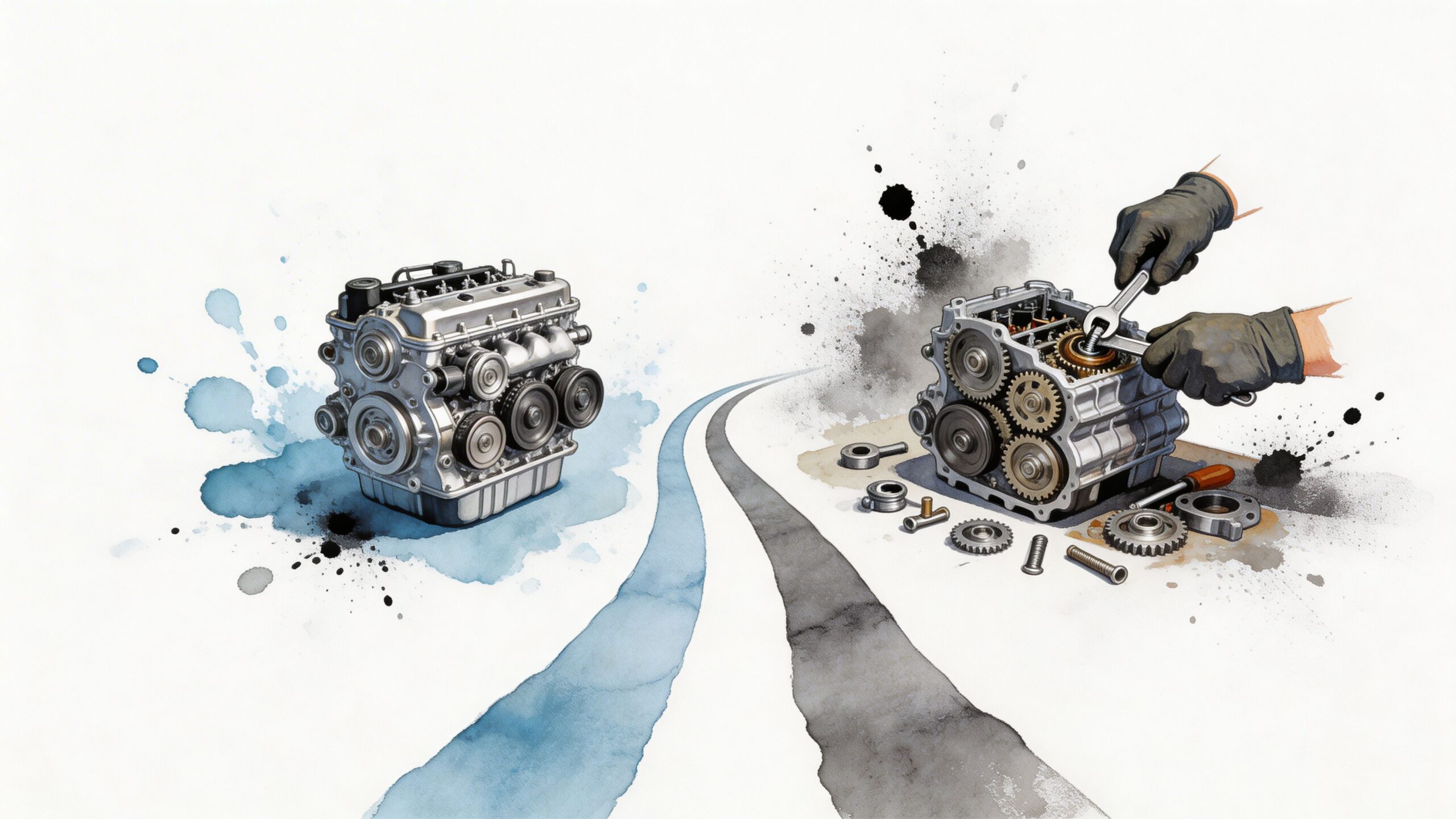 A split watercolor illustration showing a complete car engine on the left and a mechanic repairing engine parts.