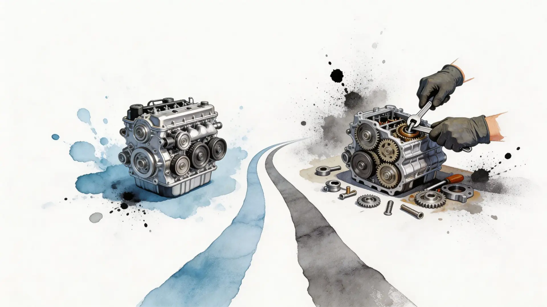 A split watercolor illustration showing a complete car engine on the left and a mechanic repairing engine parts.