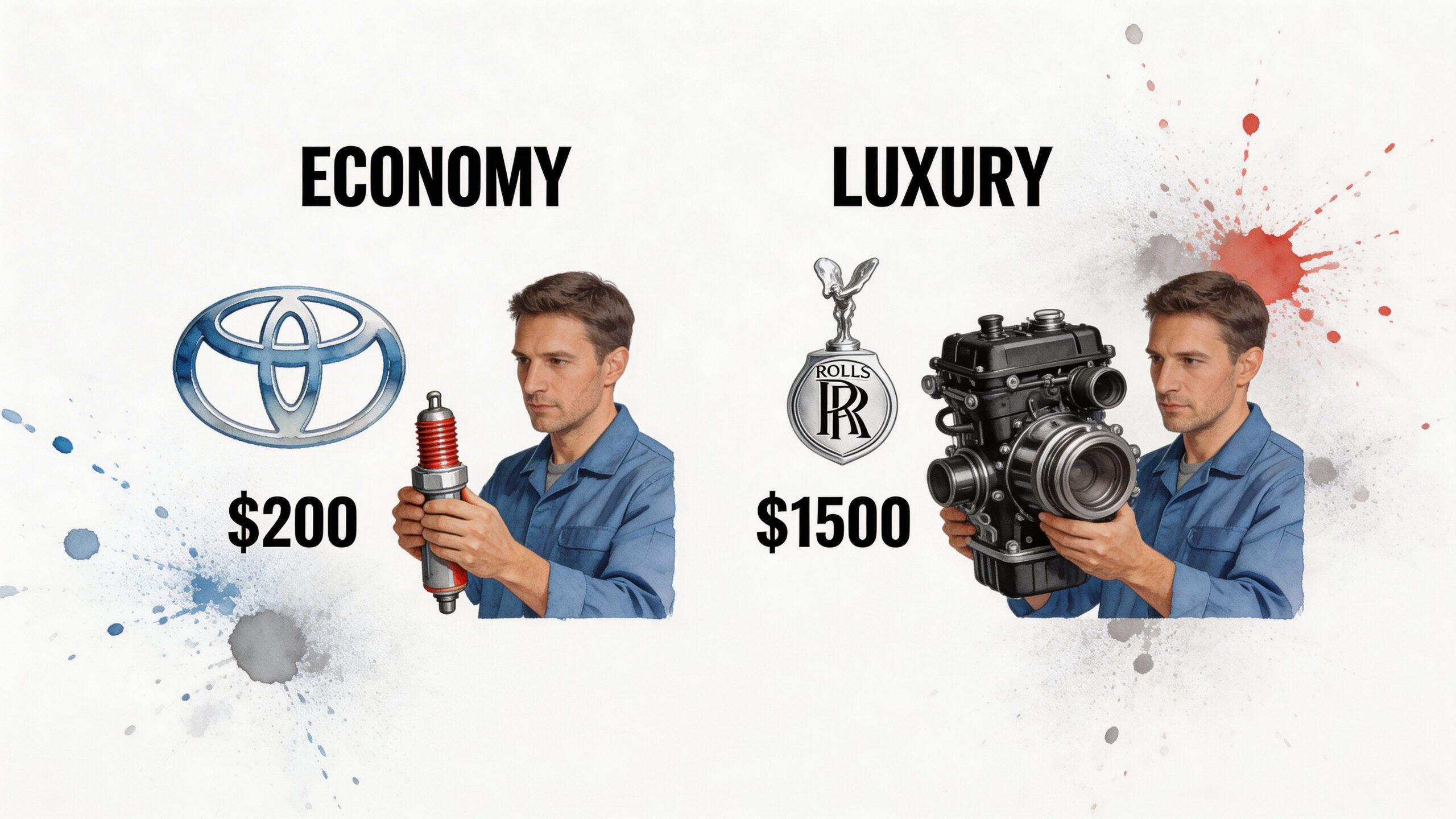 A comparison showing an economy Toyota spark plug costing 200 dollars versus a luxury Rolls-Royce engine part costing 1500 dollars.
