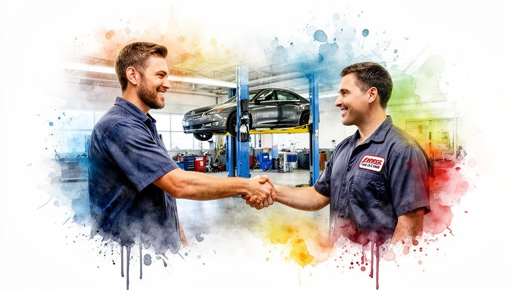 Two friendly professional mechanics shaking hands in a bright car service center with a car on lift
