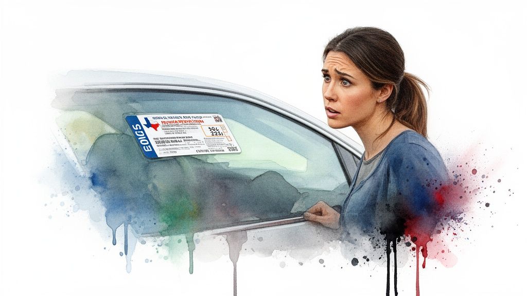 A woman looking concerned at a car windshield with a Texas inspection sticker attached to the glass.