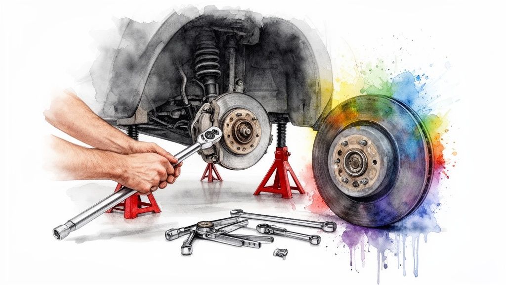 Hands using a wrench to repair a car's brake system, with tools and colorful watercolor effects.