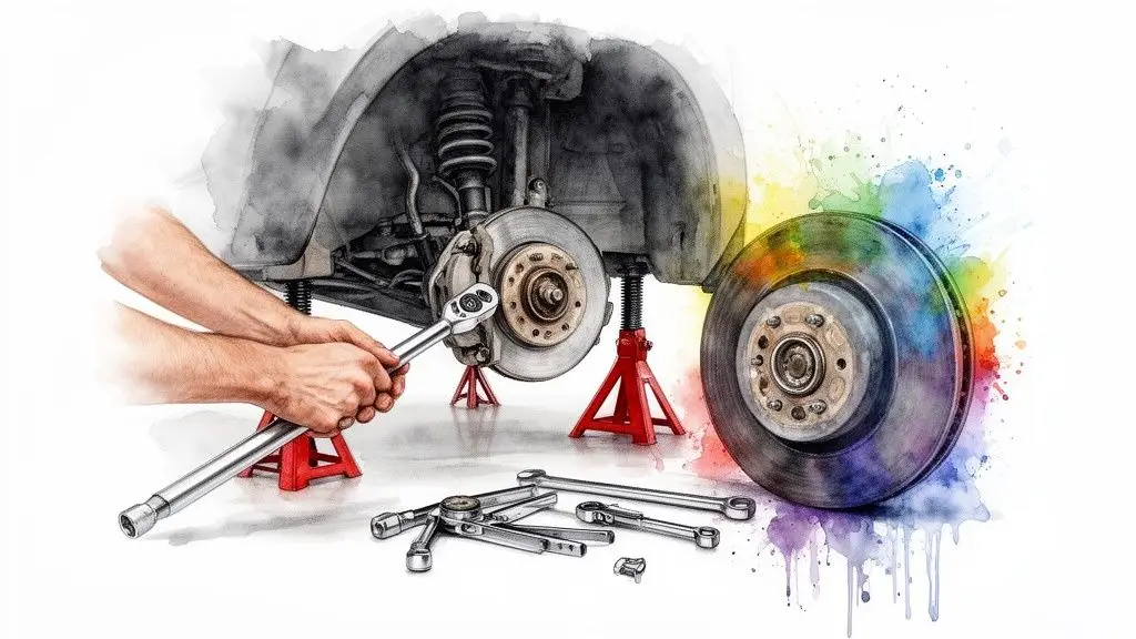 Hands using a wrench to repair a car's brake system, with tools and colorful watercolor effects.