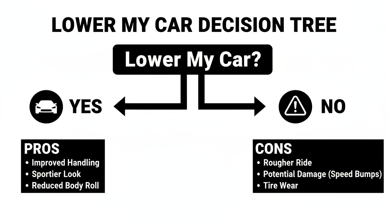 Decision tree flowchart for lowering a car, detailing pros such as improved handling and cons like a rougher ride.