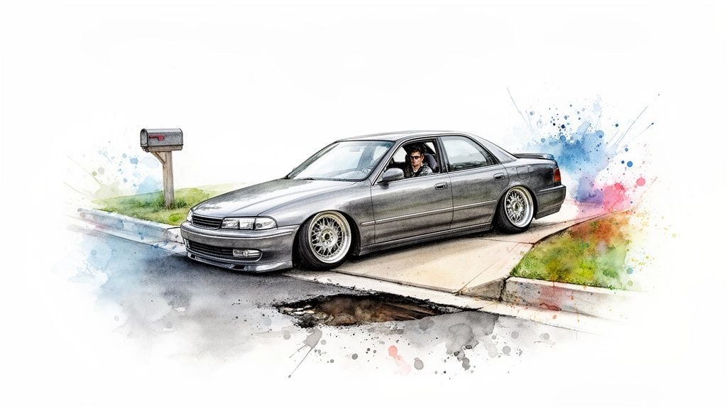 Watercolor illustration of a lowered grey car with a driver, parked near a mailbox and a large pothole.