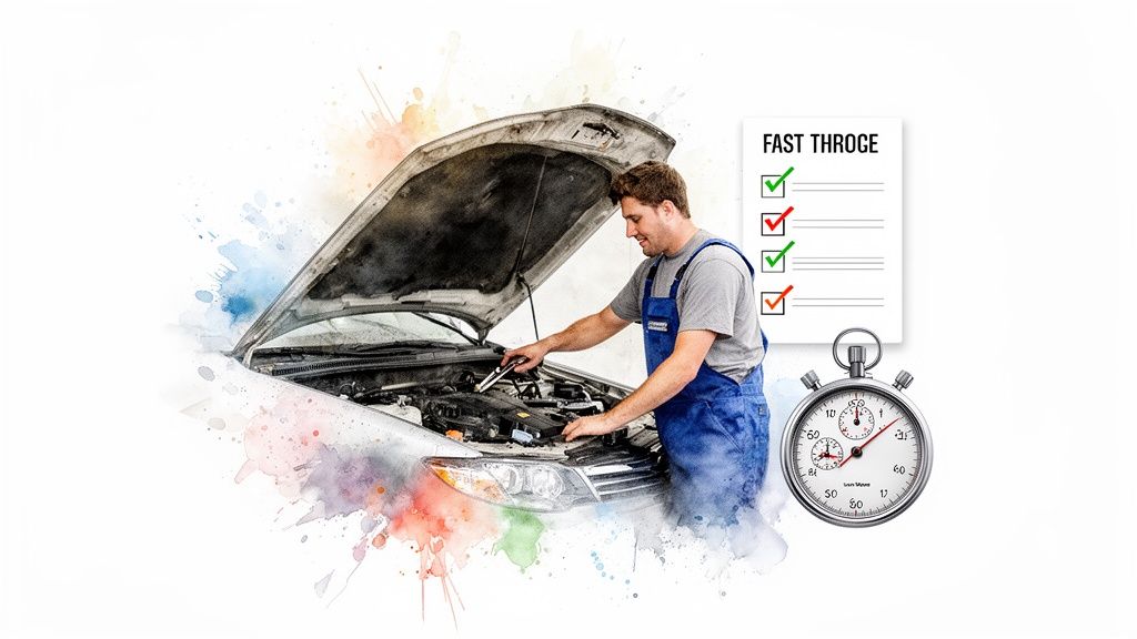 Mechanic inspecting car engine with open hood, showing a fast service checklist and stopwatch.