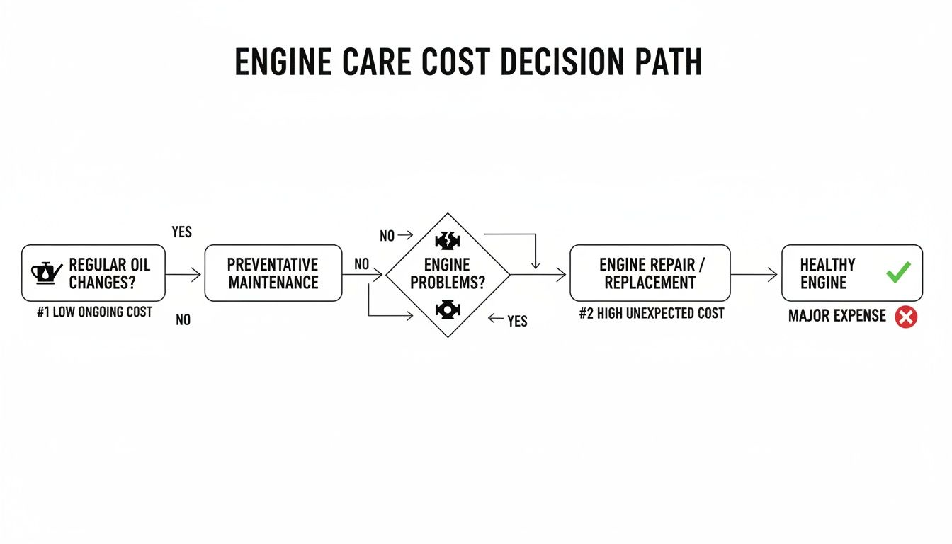 Flowchart illustrating engine care cost decisions, from regular oil changes and preventative maintenance to repairs and major expenses.
