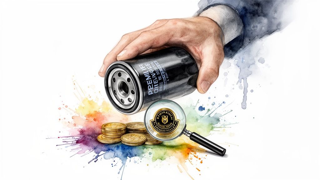 A hand holds a premium oil filter above gold coins and a magnifying glass, emphasizing quality.