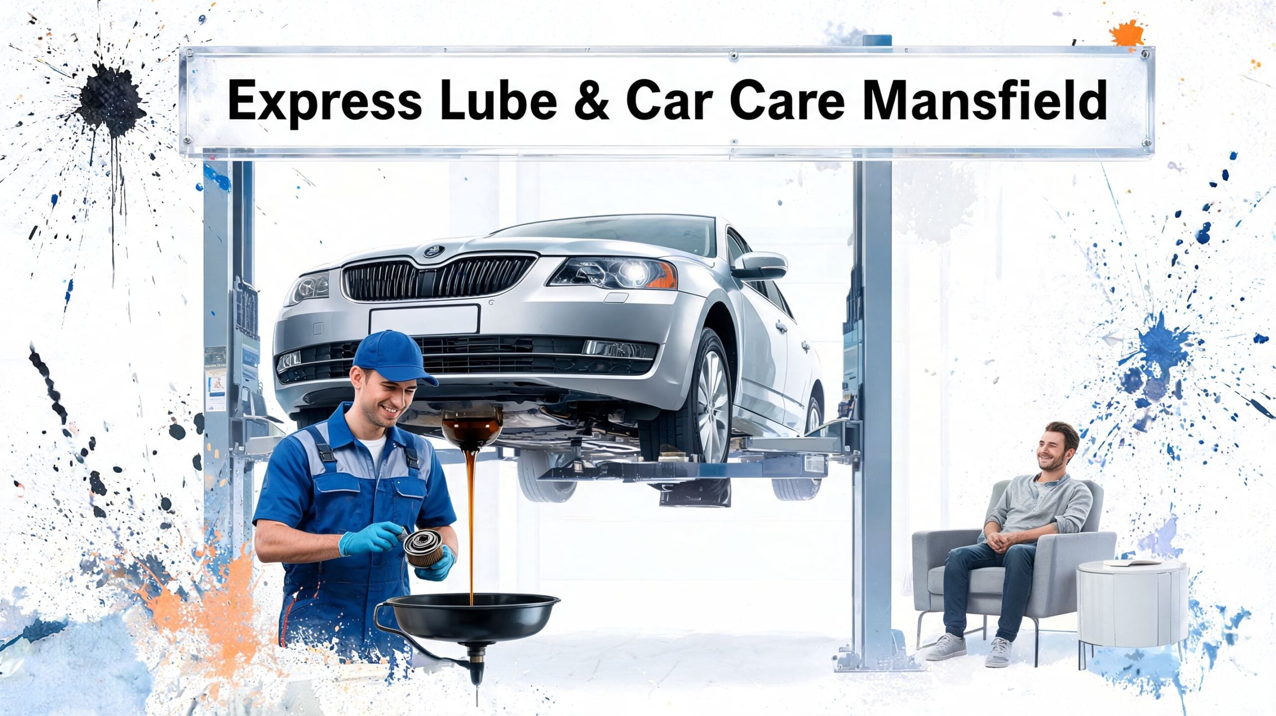A professional mechanic performing an oil change on a car while a customer waits comfortably nearby.
