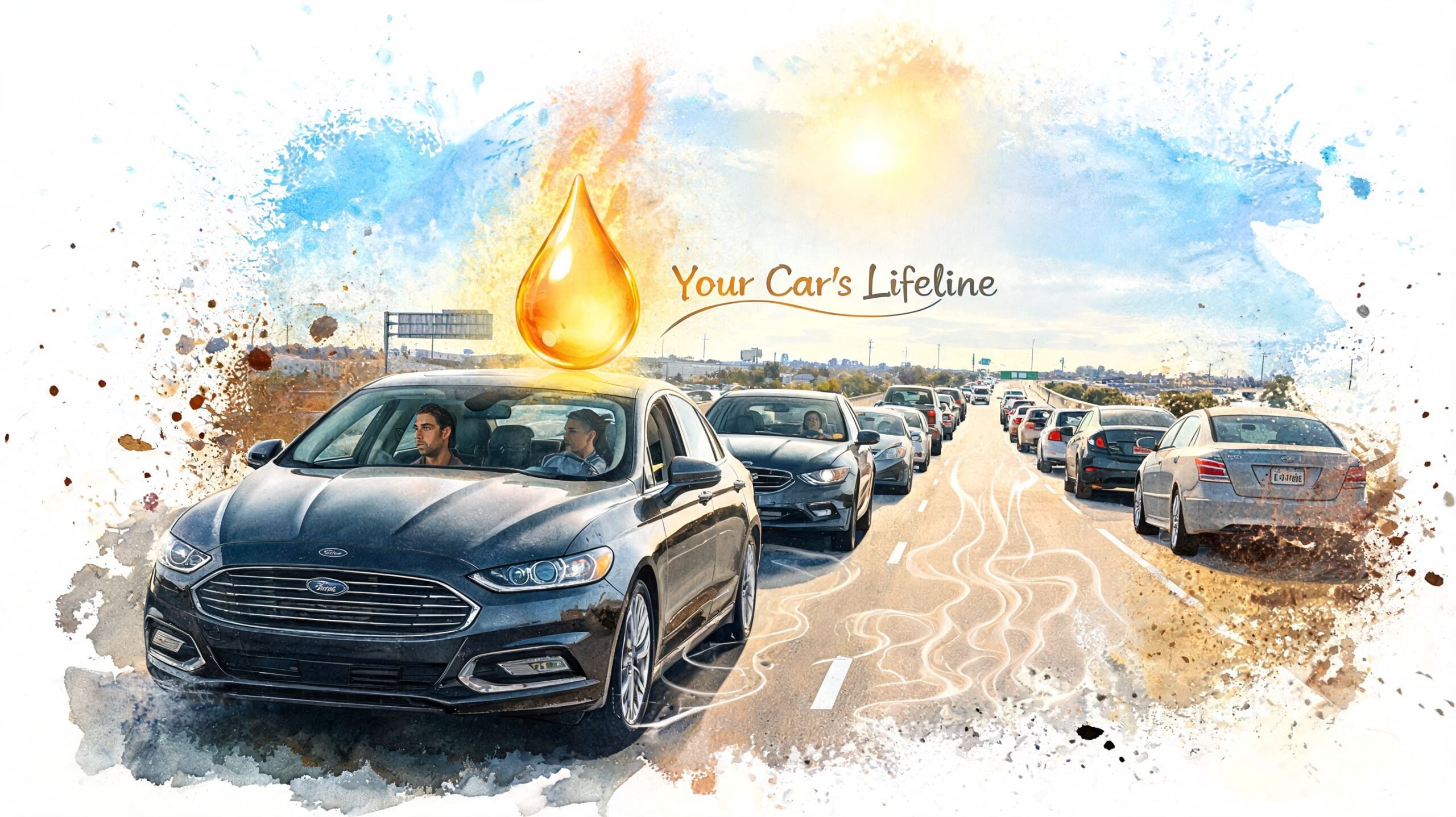 A digital art illustration of a black car in heavy highway traffic with an oil drop icon.