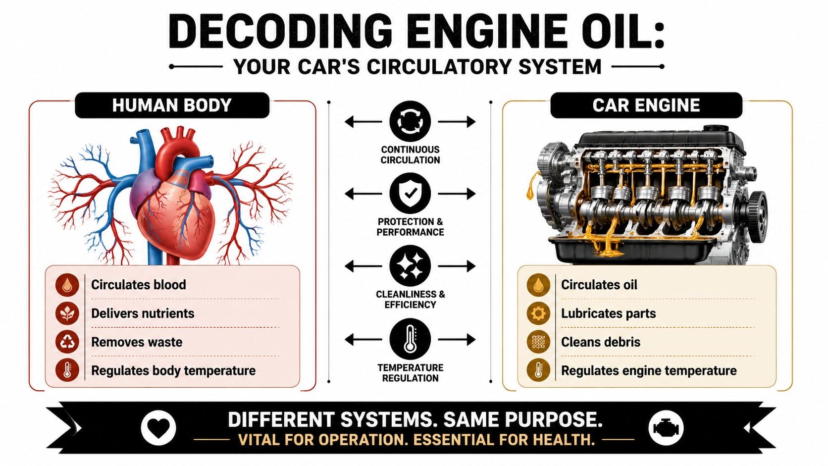 An infographic comparing the functions of human blood circulation to the role of engine oil in cars.