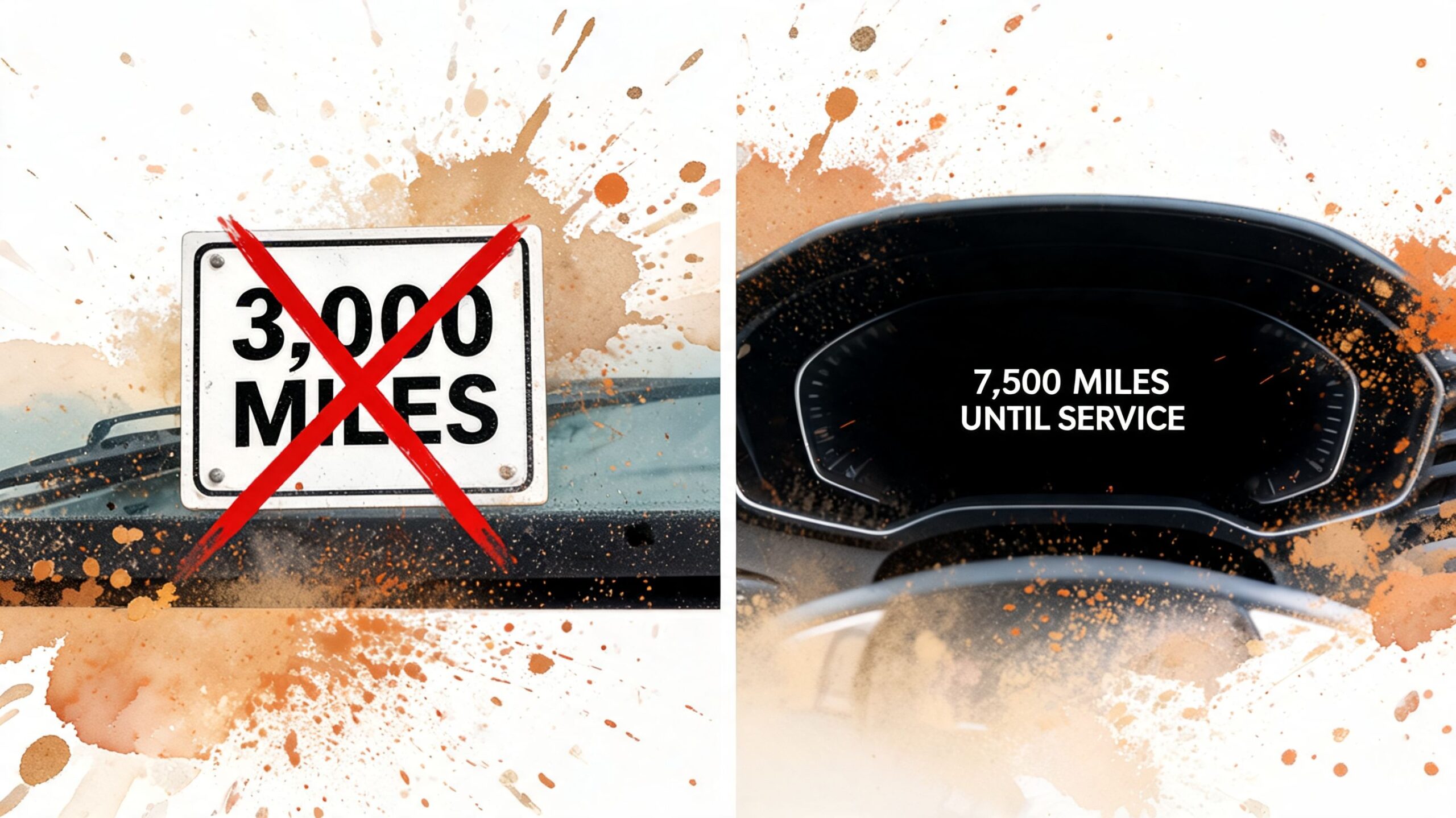 A comparison showing a crossed-out 3,000 miles sign versus a car dashboard indicating 7,500 miles until service.