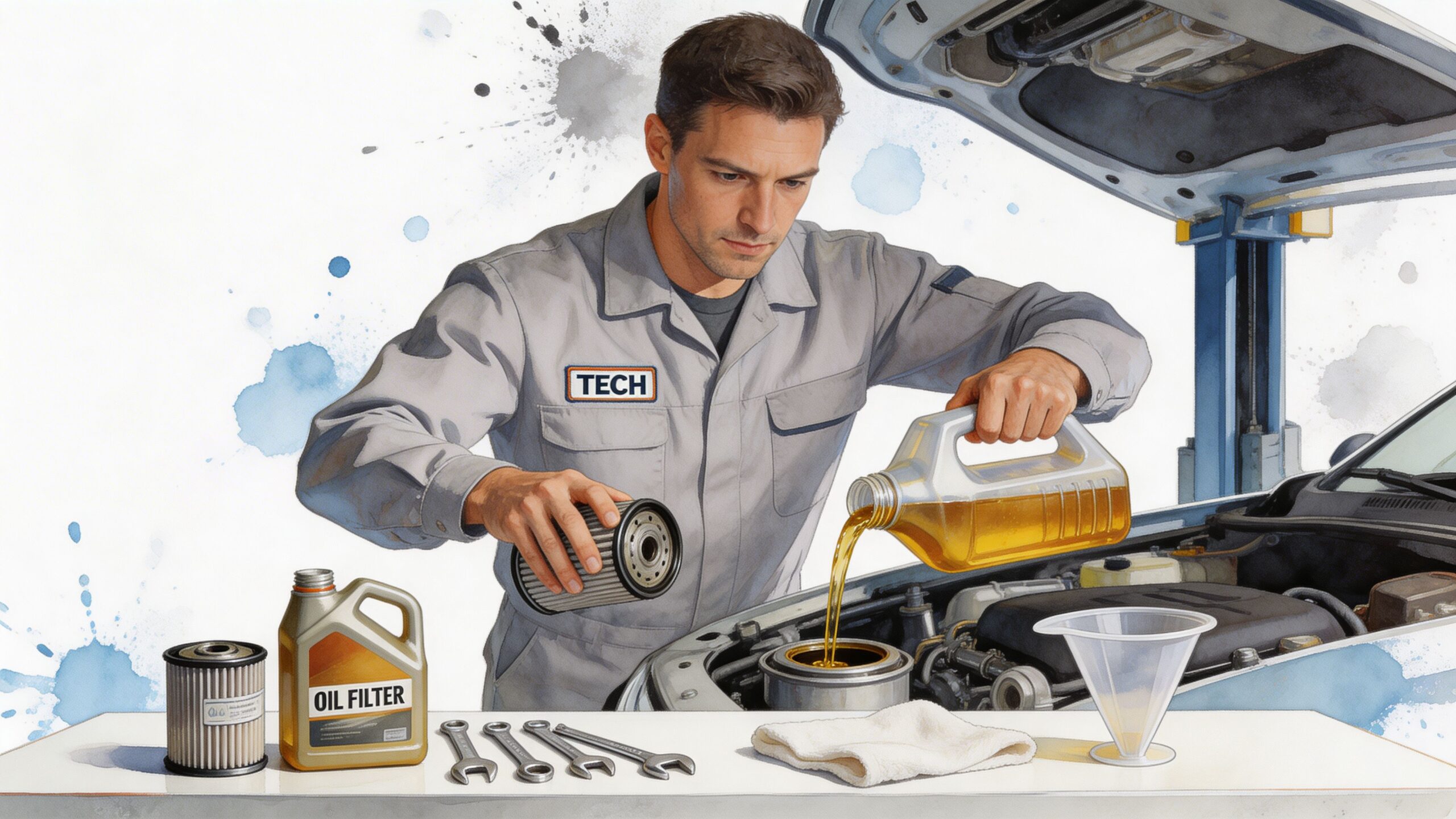 A professional mechanic in a gray uniform changing oil and replacing a filter on a car engine.