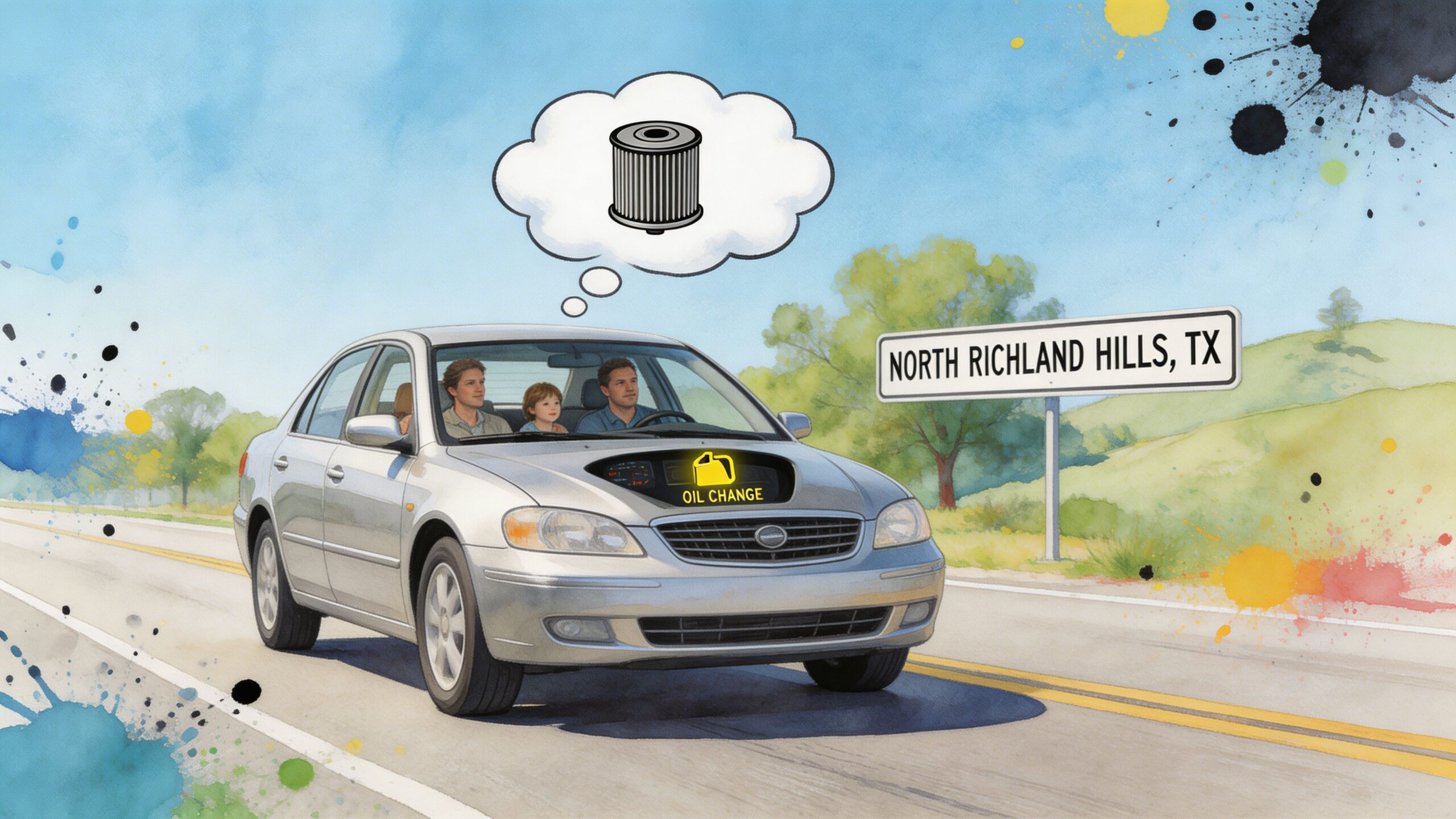 A family driving in a car toward North Richland Hills with an oil filter thought bubble.