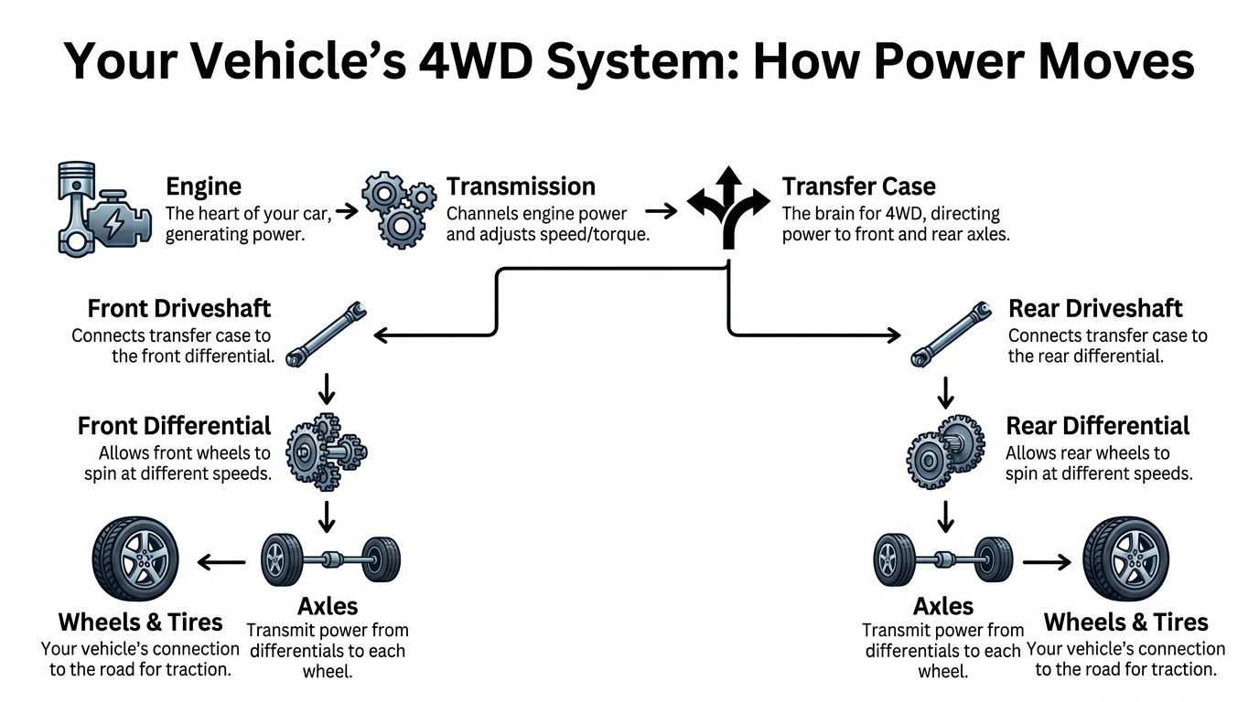 A diagram illustrating how power is transferred from the engine to all four wheels in a 4WD vehicle.