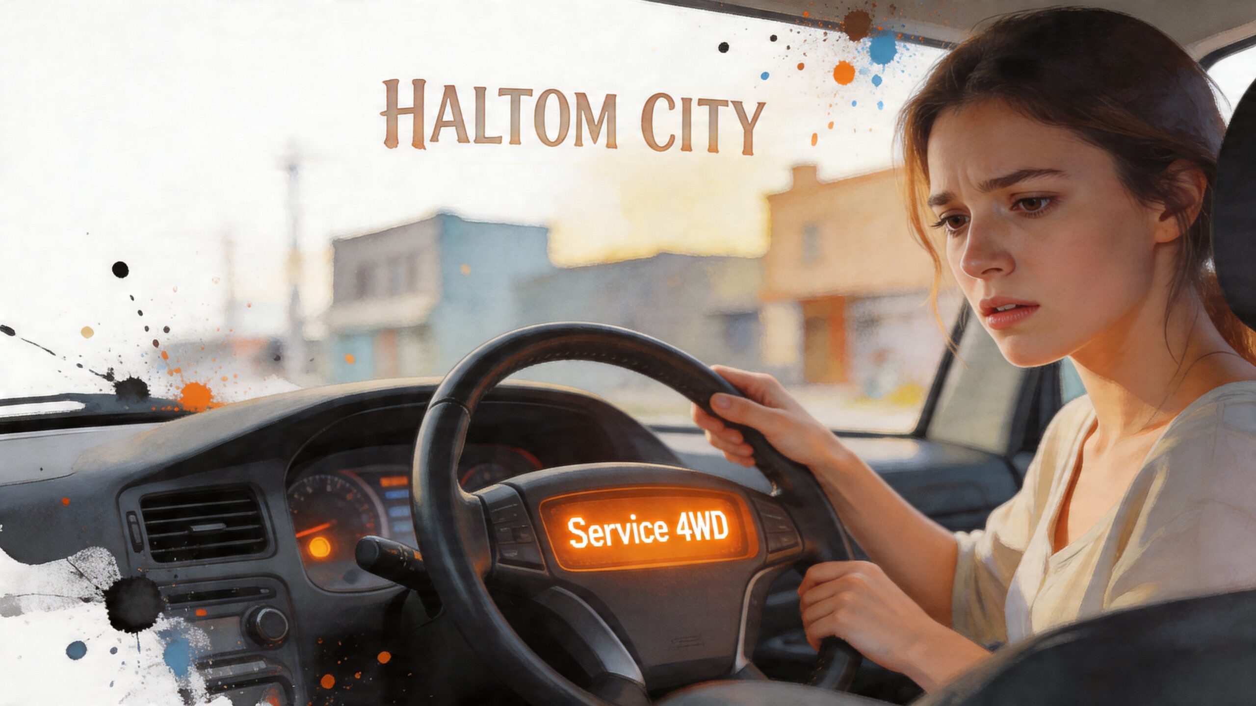 A concerned young woman driving a car with an illuminated Service 4WD warning light on the dashboard.