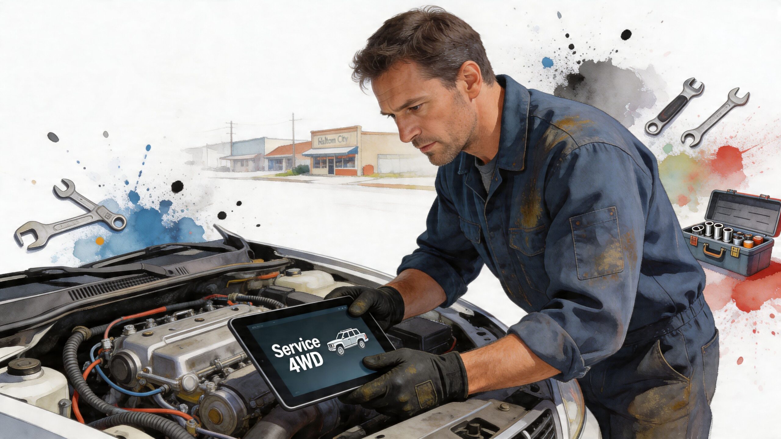 A professional mechanic wearing a dirty uniform inspects a car engine while holding a tablet computer.