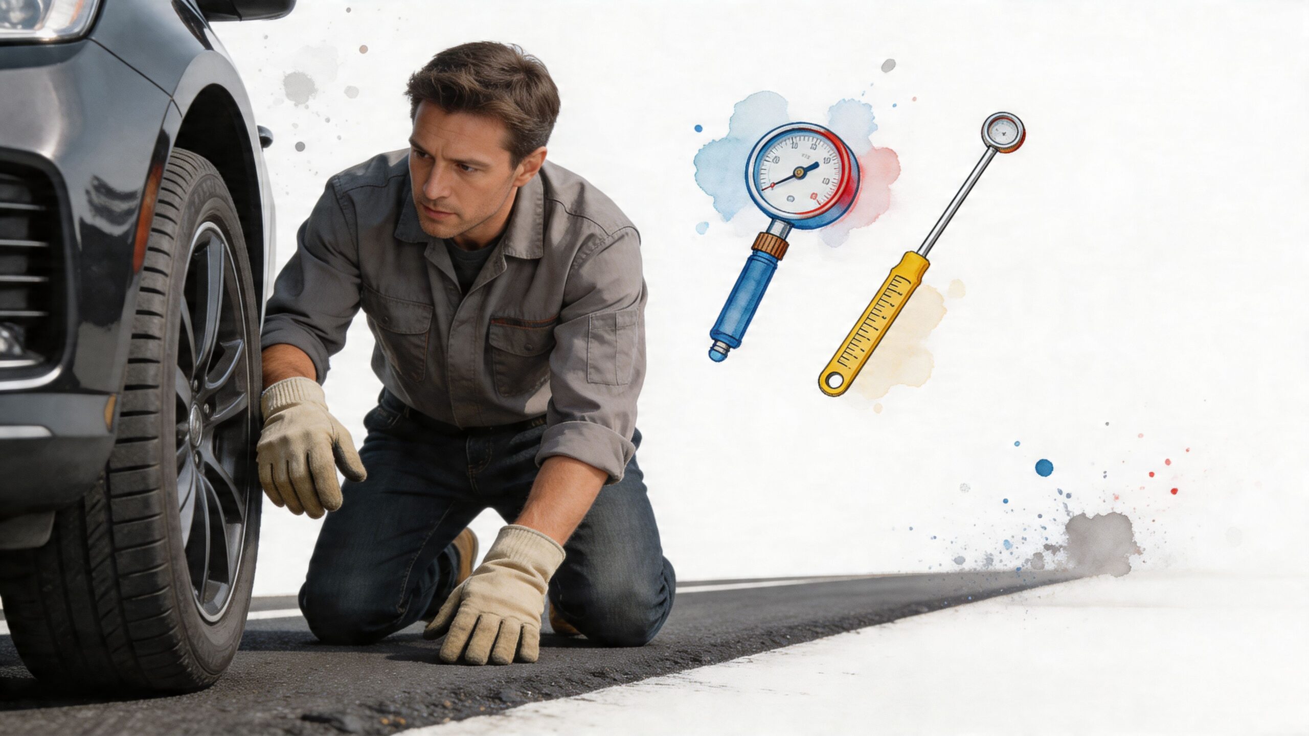 A mechanic kneeling on the road beside a car wheel with illustrated tire pressure gauges nearby.
