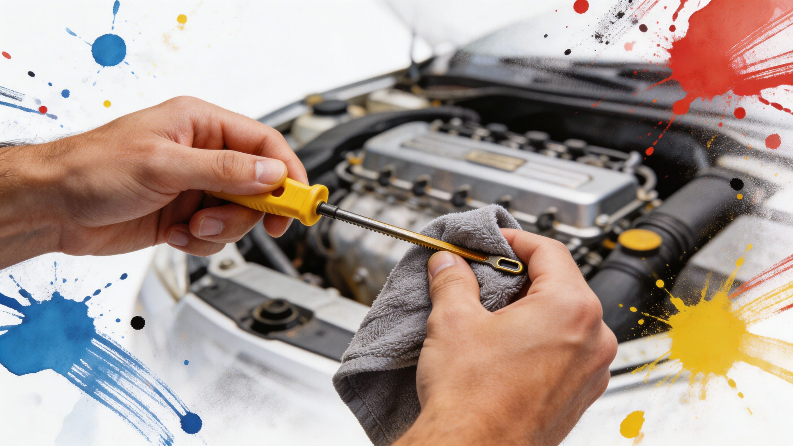 Close-up of hands wiping oil off a car dipstick with a cloth to check engine oil levels.
