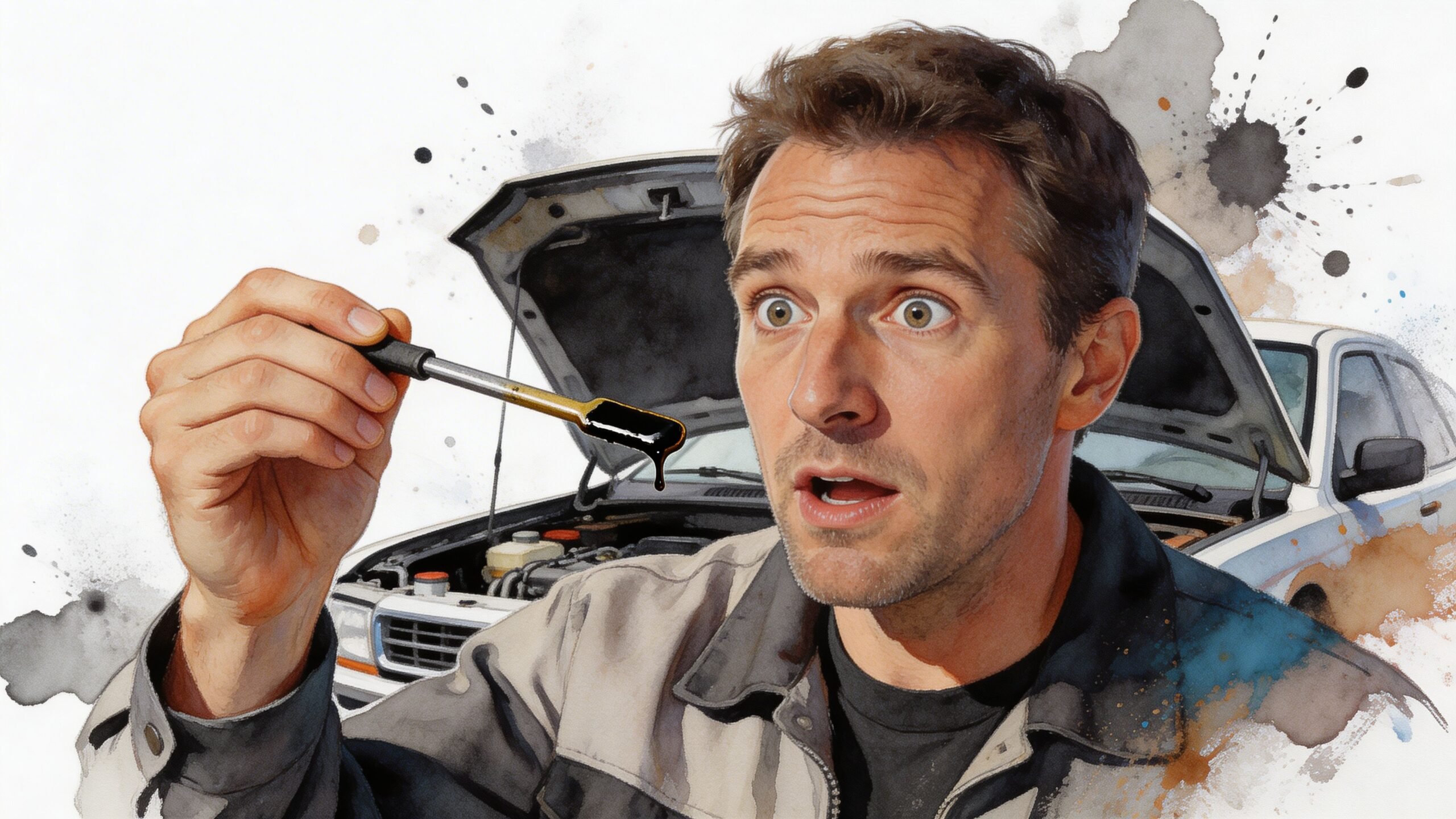 A concerned mechanic holds an oil dipstick with thick, black motor oil dripping off the end.