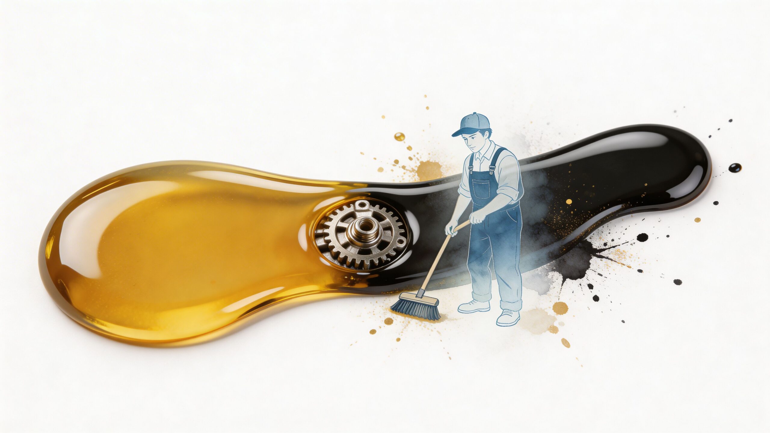 A digital illustration showing a mechanic sweeping dark, dirty engine oil into clean, golden engine oil.