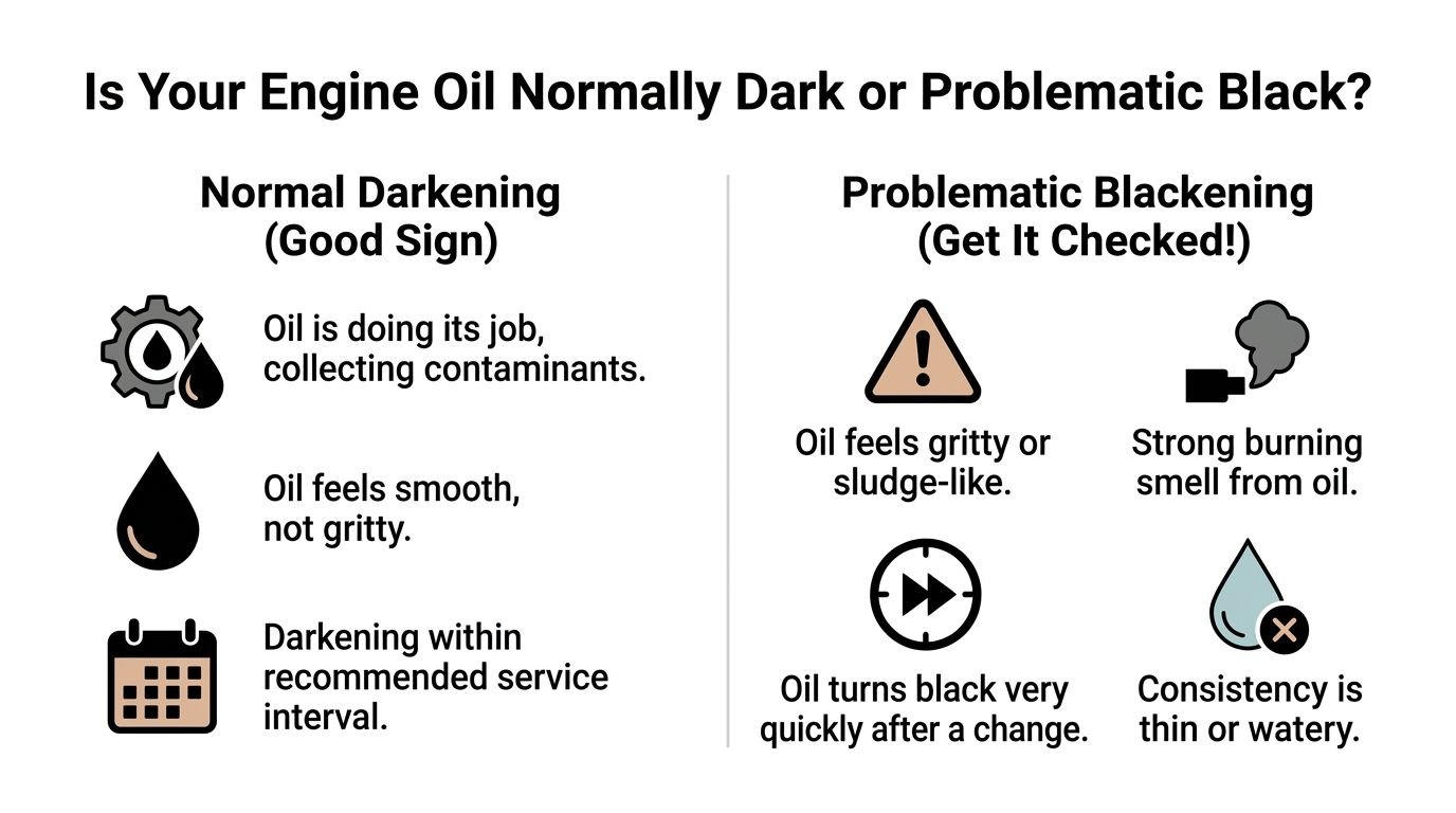 A comparison chart explaining the difference between normal engine oil darkening and problematic oil blackening.