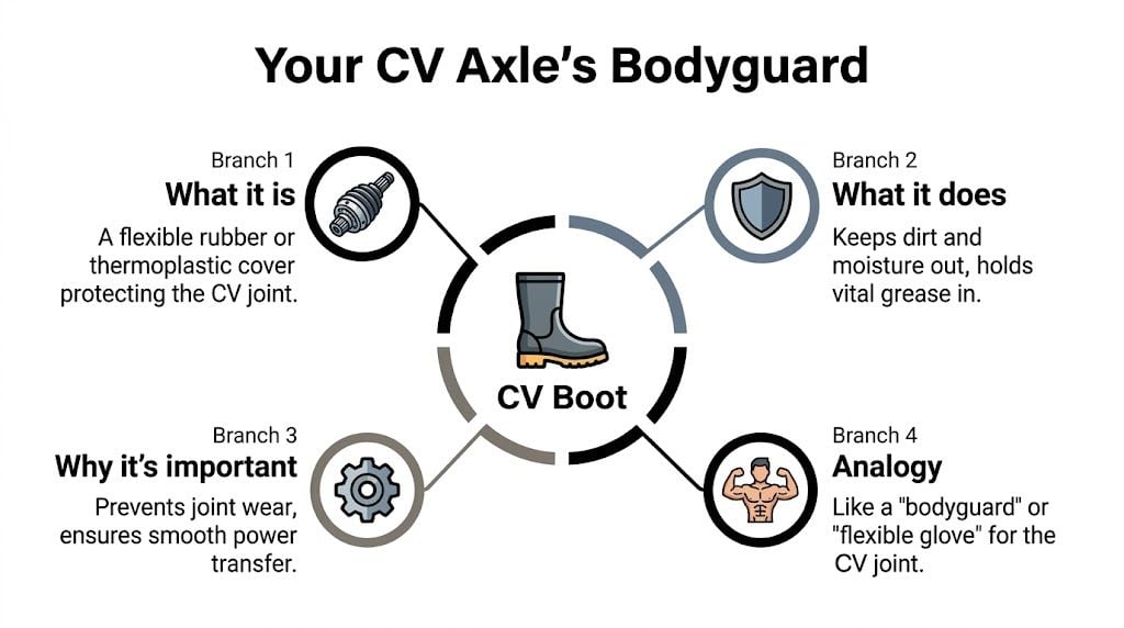 An infographic explaining what a CV boot is, its functions, importance, and an analogy describing it as a bodyguard.