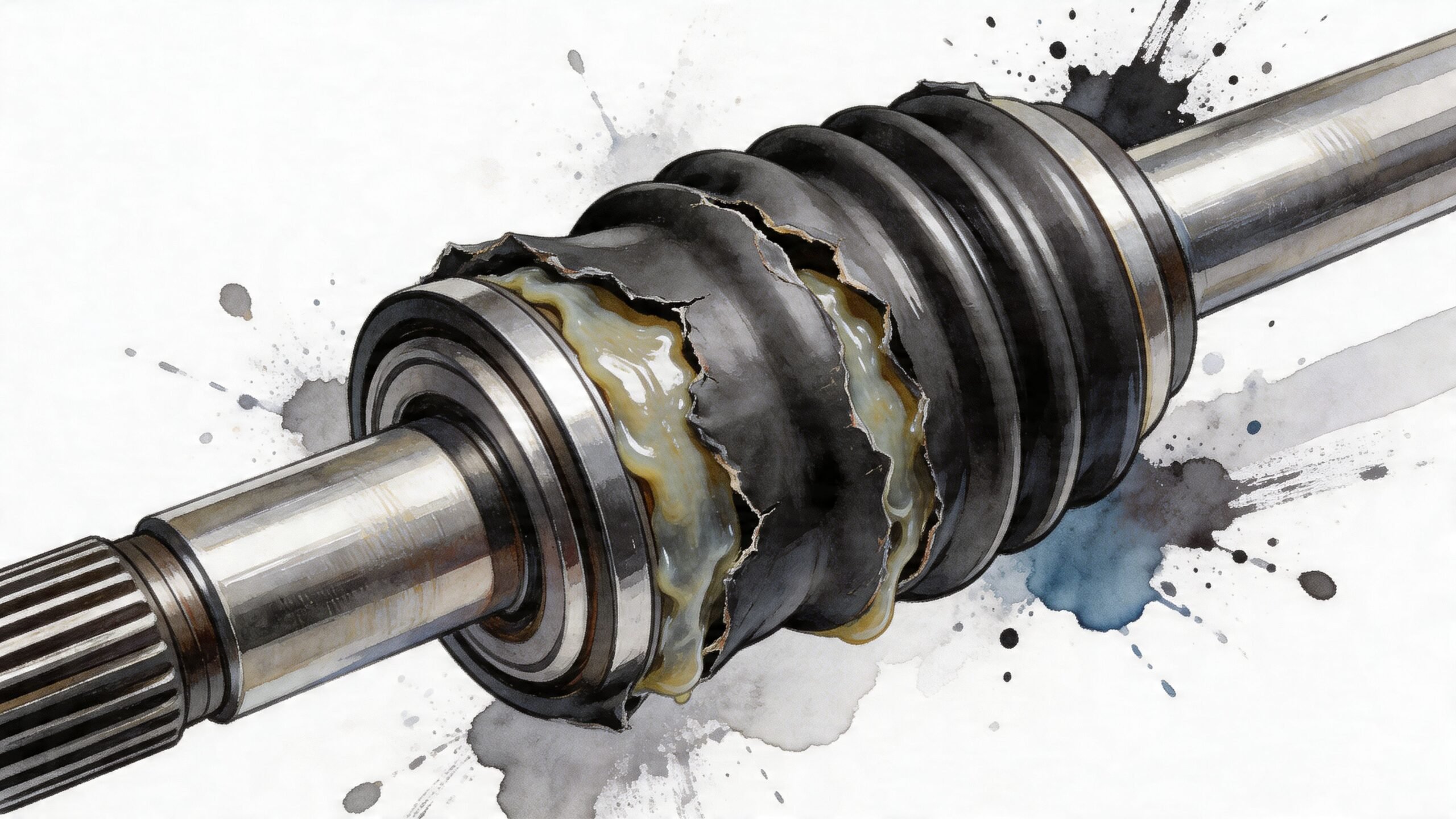 A detailed illustration of a damaged automotive CV joint boot leaking yellow grease on a metal axle.