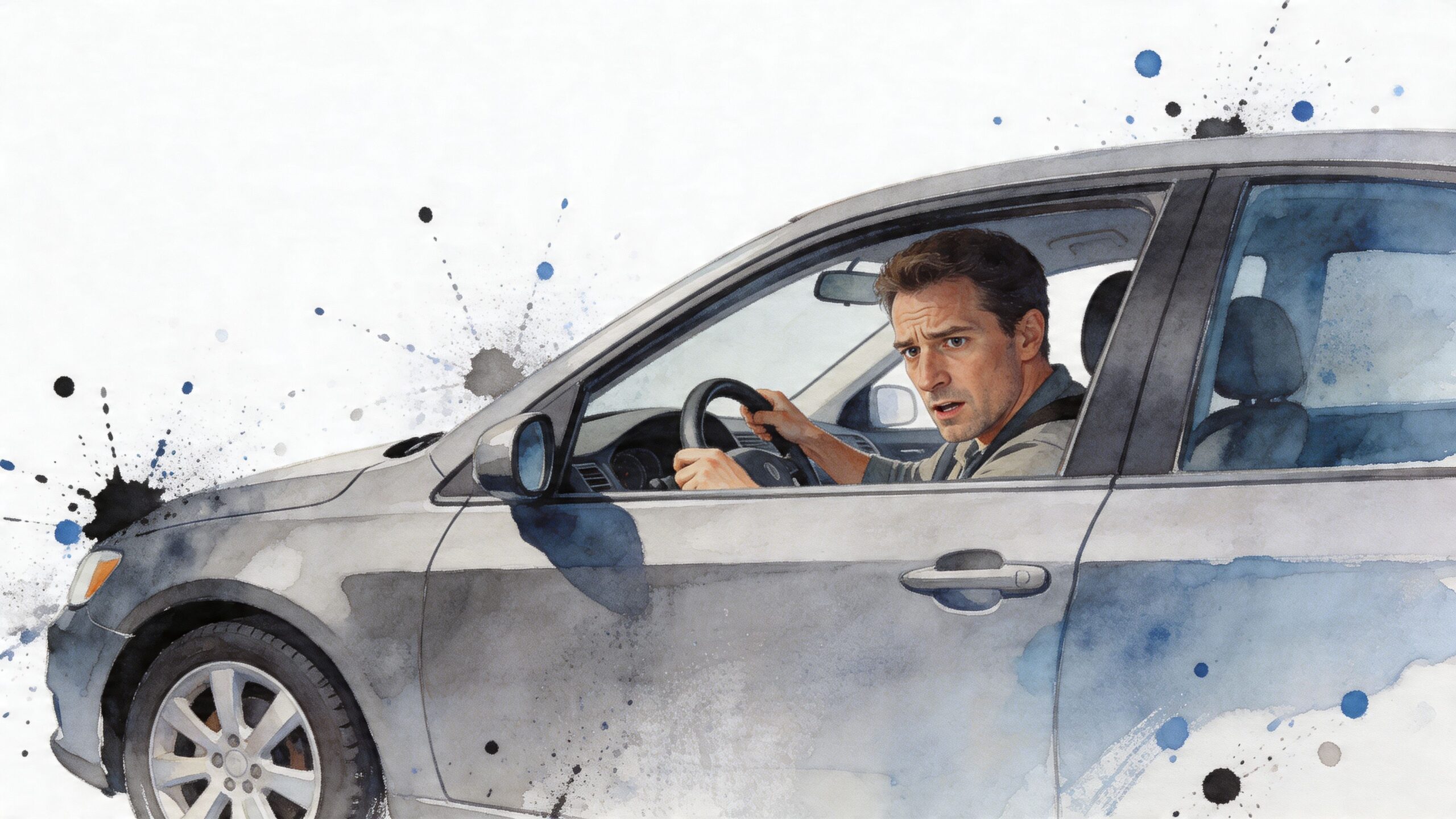 A watercolor painting of a worried man looking over his shoulder while driving a silver sedan car.