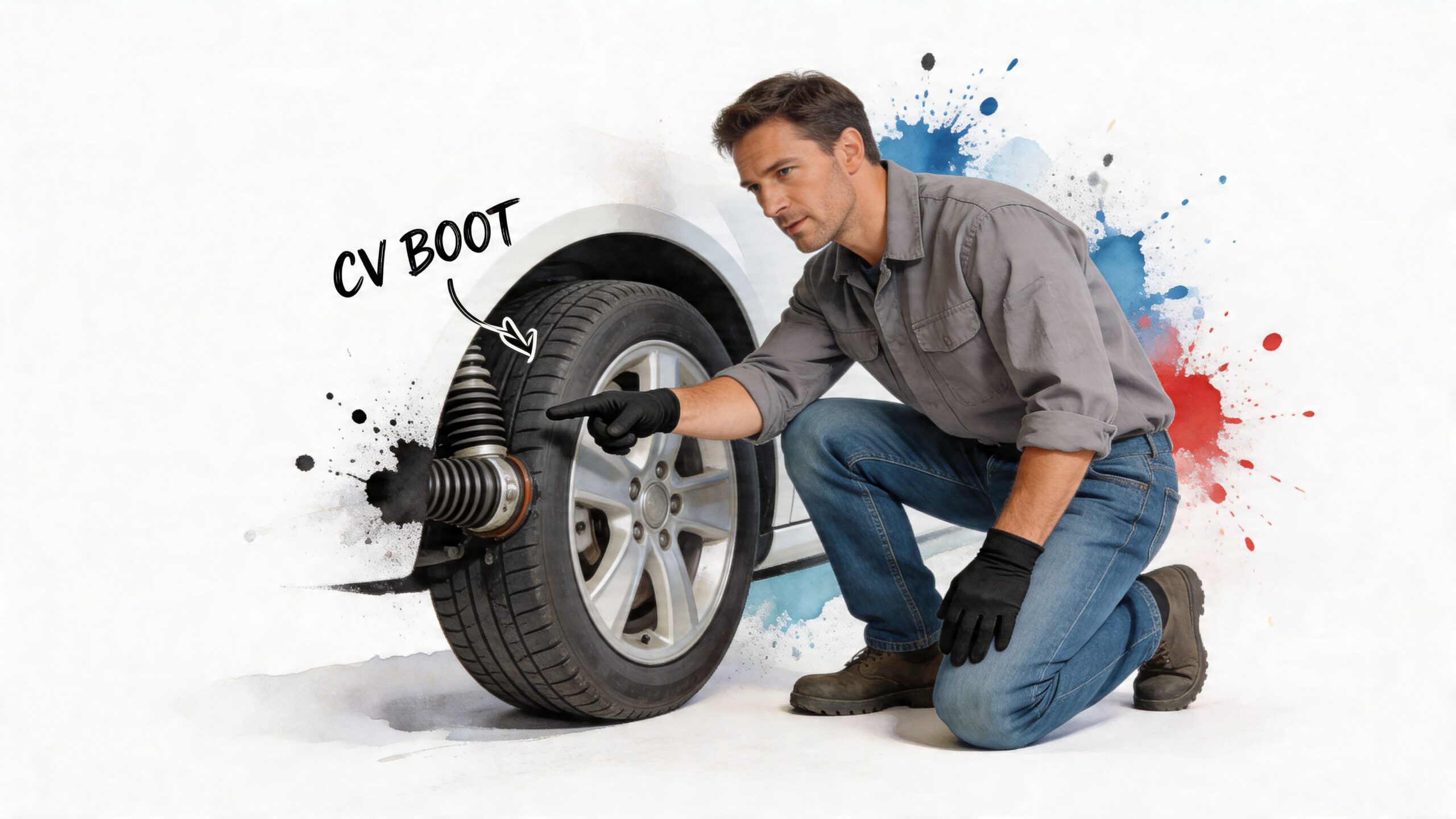 A professional mechanic pointing at a CV boot on a car wheel for an educational demonstration.