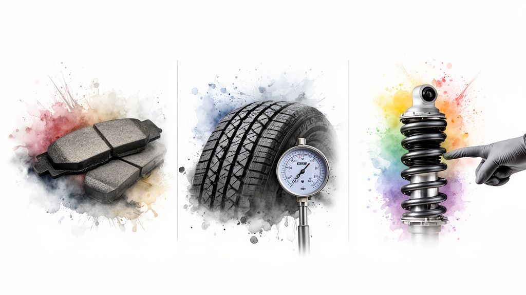 Three car maintenance essentials: brake pads, a tire with a pressure gauge, and a shock absorber.
