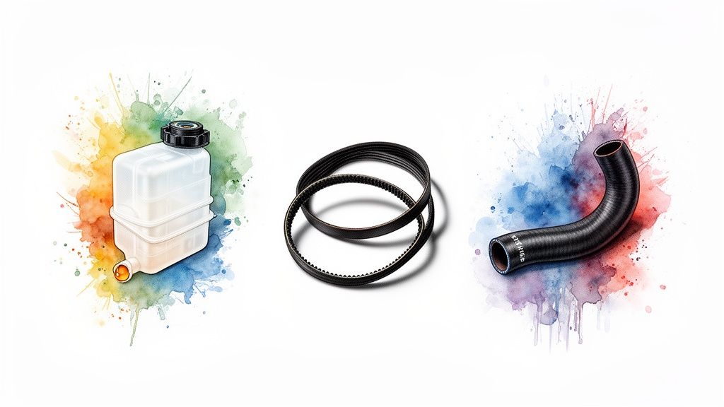 Three essential car maintenance parts: fluid reservoir, drive belts, and a coolant hose on colorful watercolor splashes.
