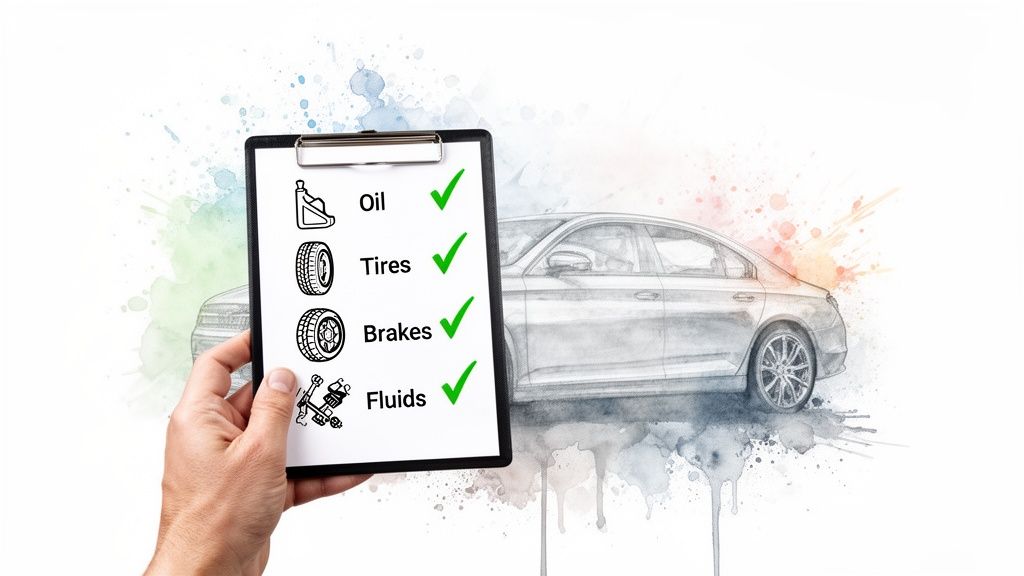 Hand holding a car maintenance checklist for oil, tires, brakes, and fluids, all checked.