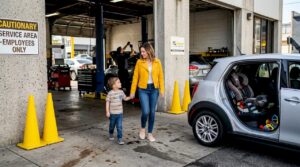 Mother and child walking near auto service bay