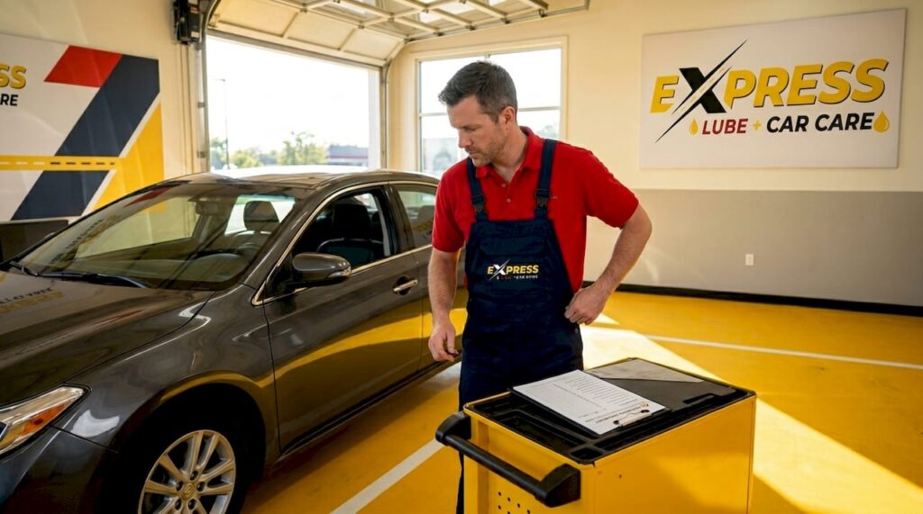 Technician begins oil change in service garage