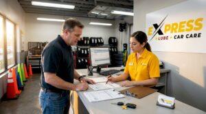 Customer and advisor reviewing auto repair estimate
