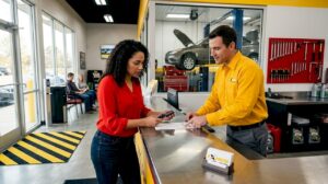 Customer and technician at express auto service counter