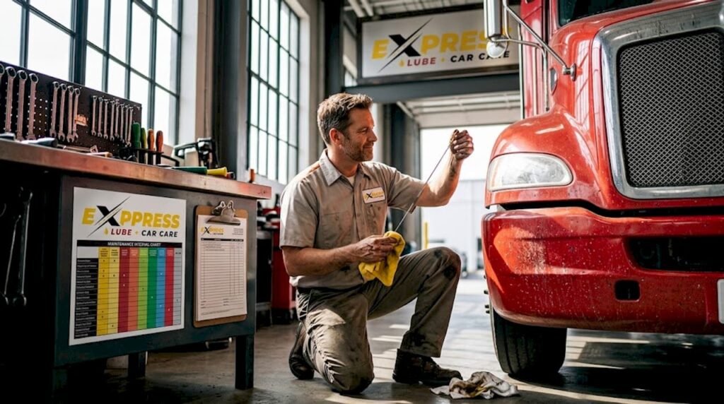 Mechanic checking oil on large truck