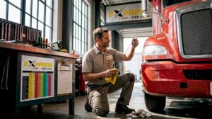 Mechanic checking oil on large truck