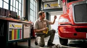 Mechanic checking oil on large truck