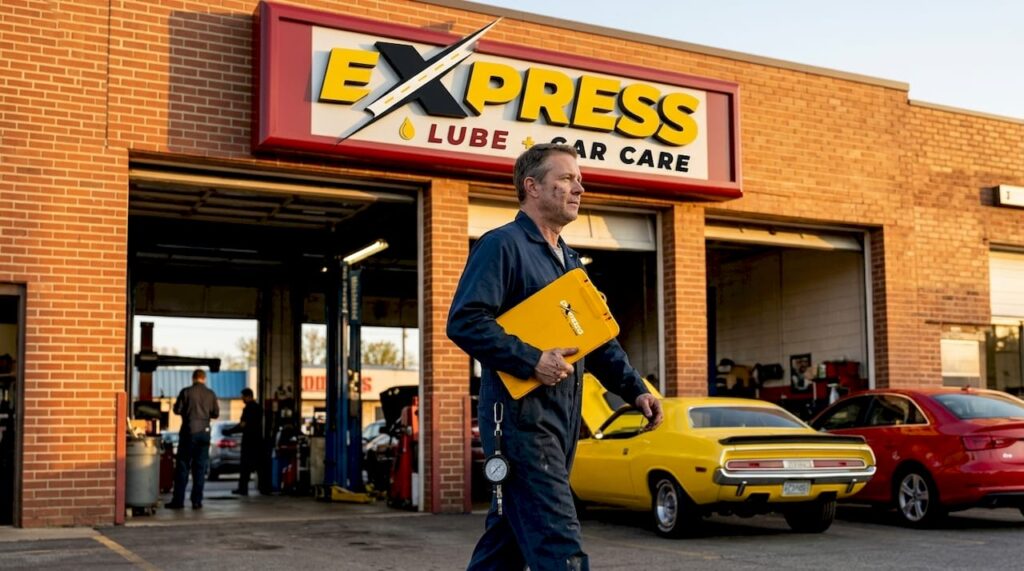 Mechanic walking outside auto repair shop entrance