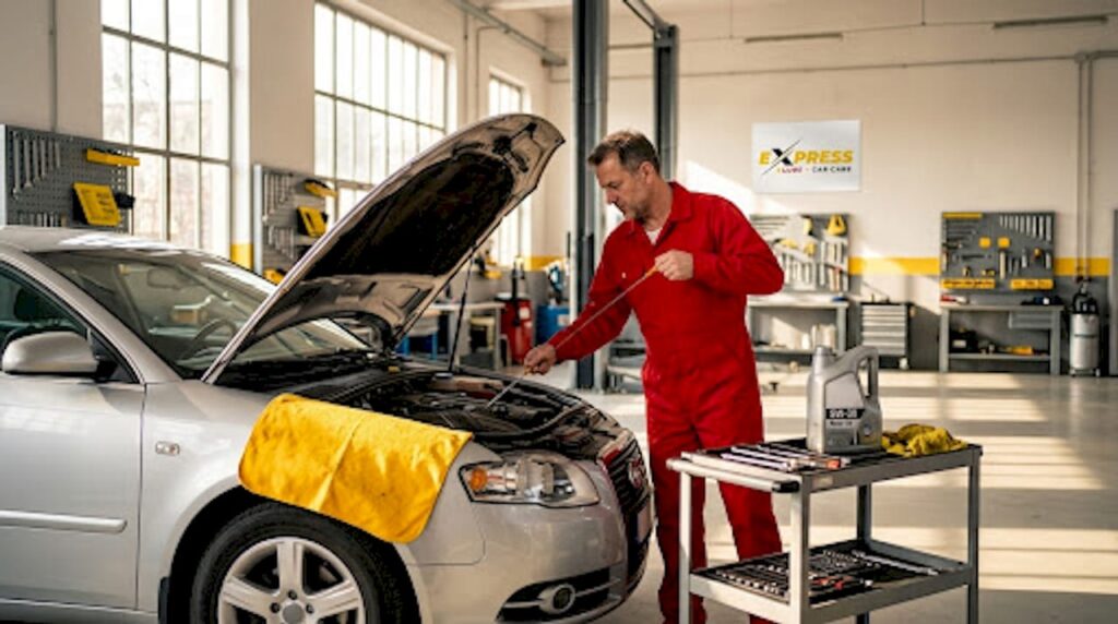 Mechanic checks engine oil level in auto shop