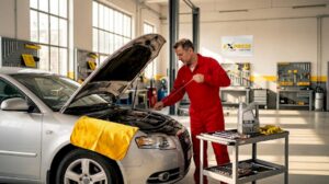 Mechanic checks engine oil level in auto shop