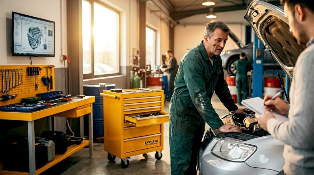 Mechanic explaining car repairs to customer in garage