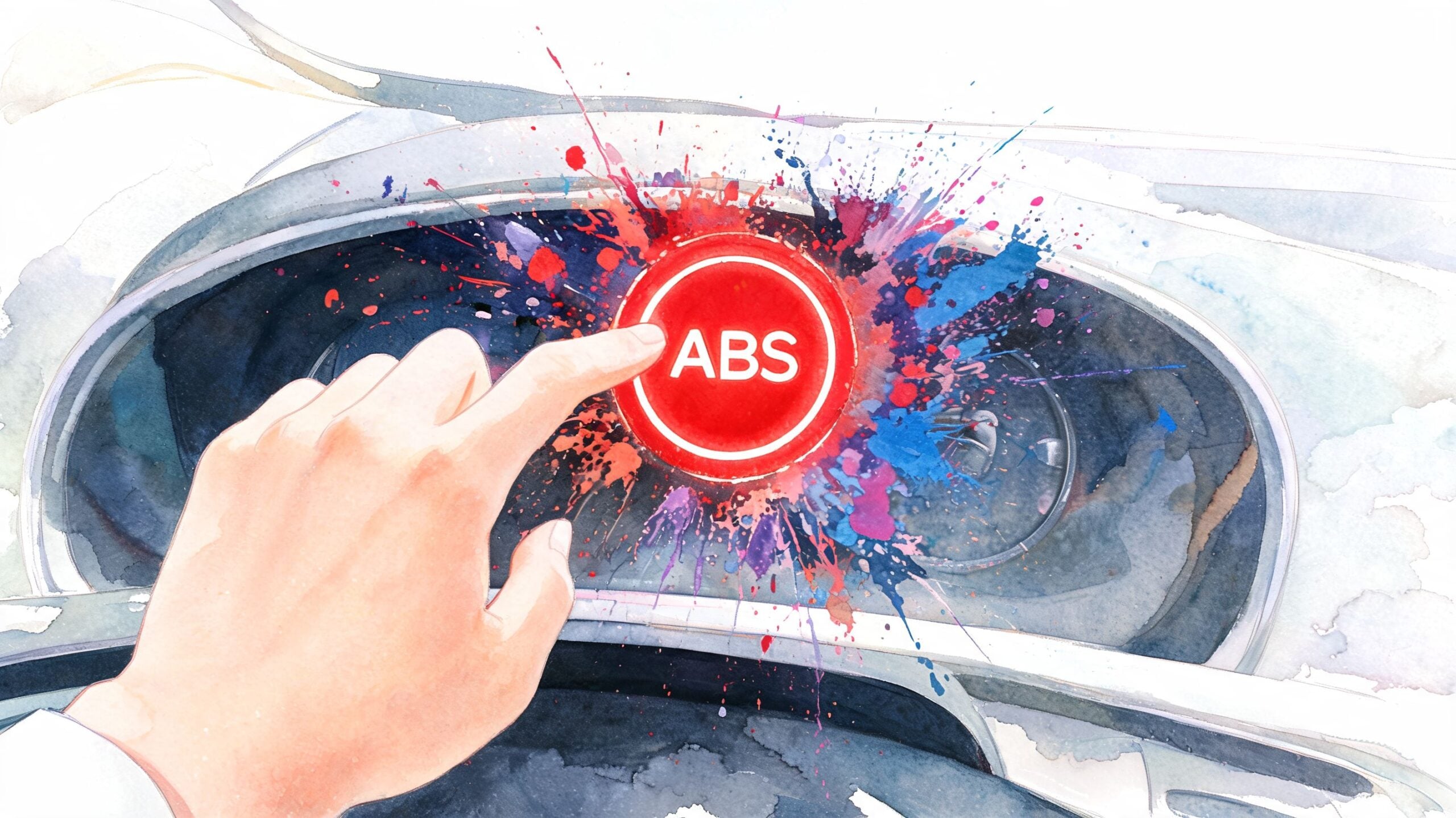 A watercolor style illustration showing a hand touching a bright red ABS car warning button on dashboard.