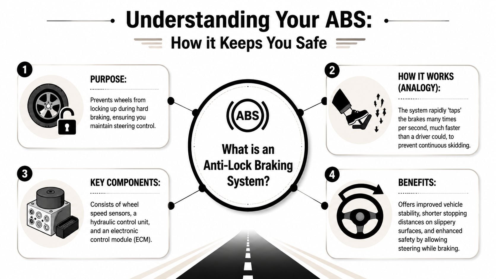 An infographic explaining how an Anti-Lock Braking System in cars functions to improve vehicle safety and control.