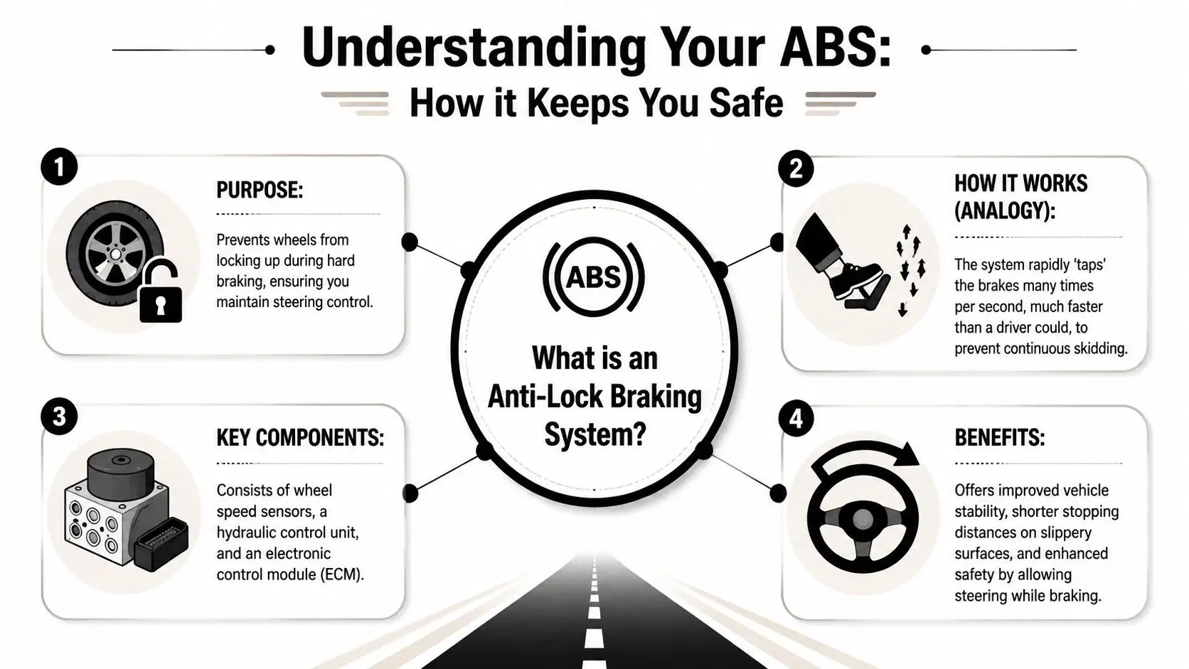 An infographic explaining how an Anti-Lock Braking System in cars functions to improve vehicle safety and control.