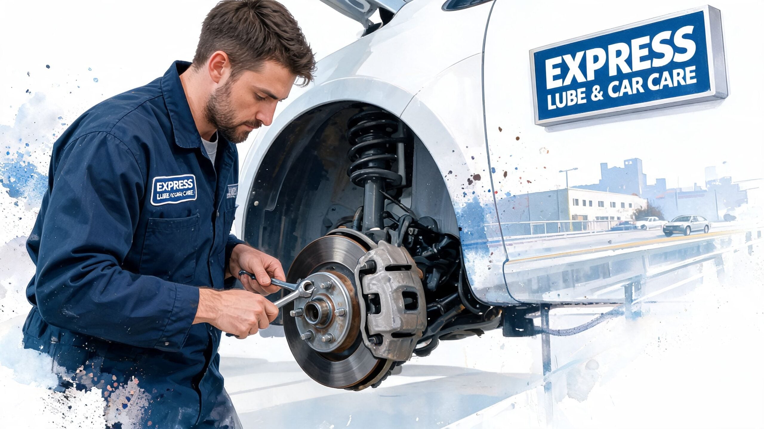 A professional mechanic in a blue uniform repairing a car brake system at a workshop.