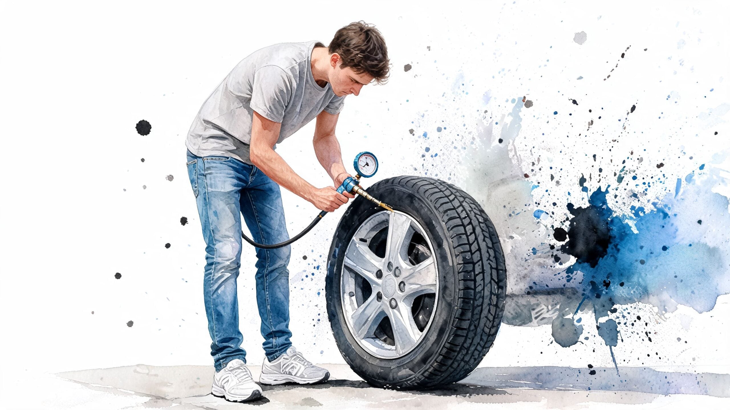 A young man checking the tire pressure on a car wheel with a gauge in watercolor style.